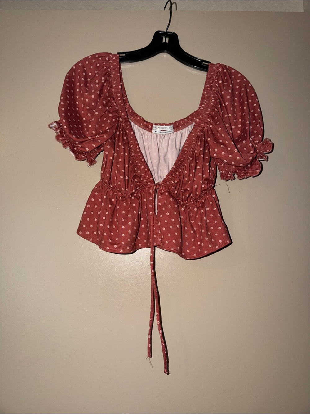 Urban Outfitters  Rust Dot Puff-Sleeve Tie-Front Blouse